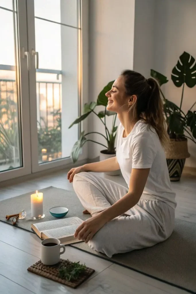 a girl happily sitting in yoga position