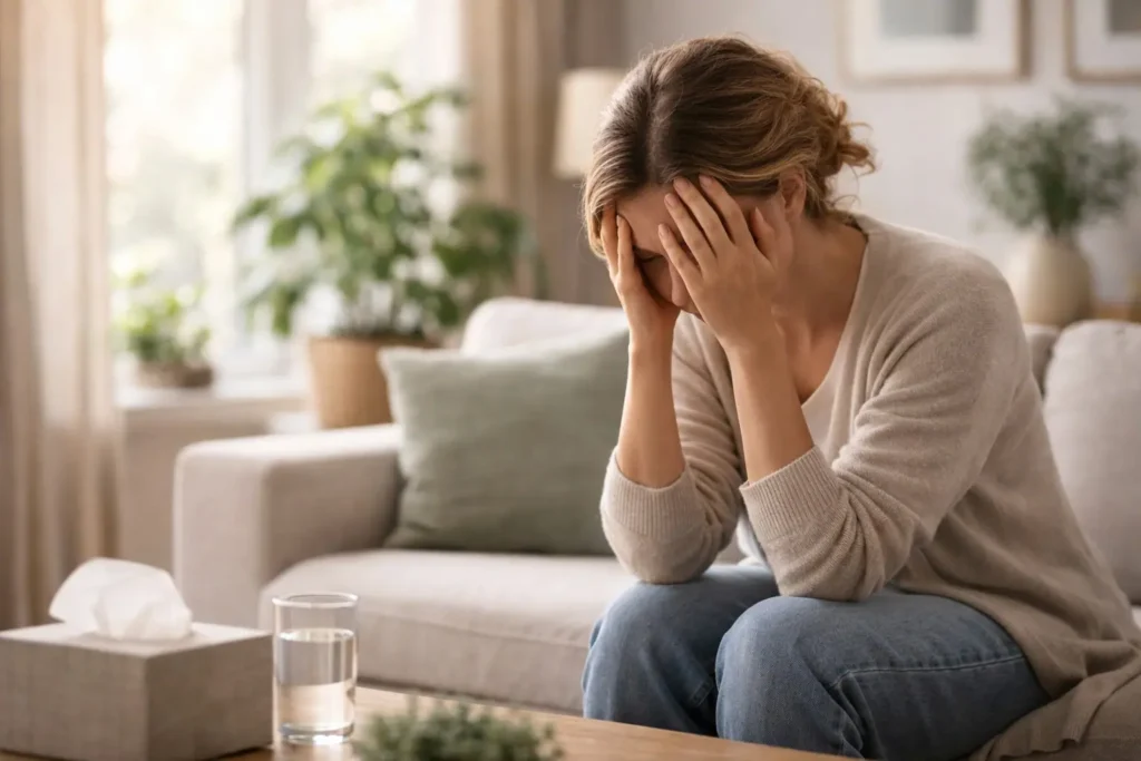 a girl in stress siting on sofa